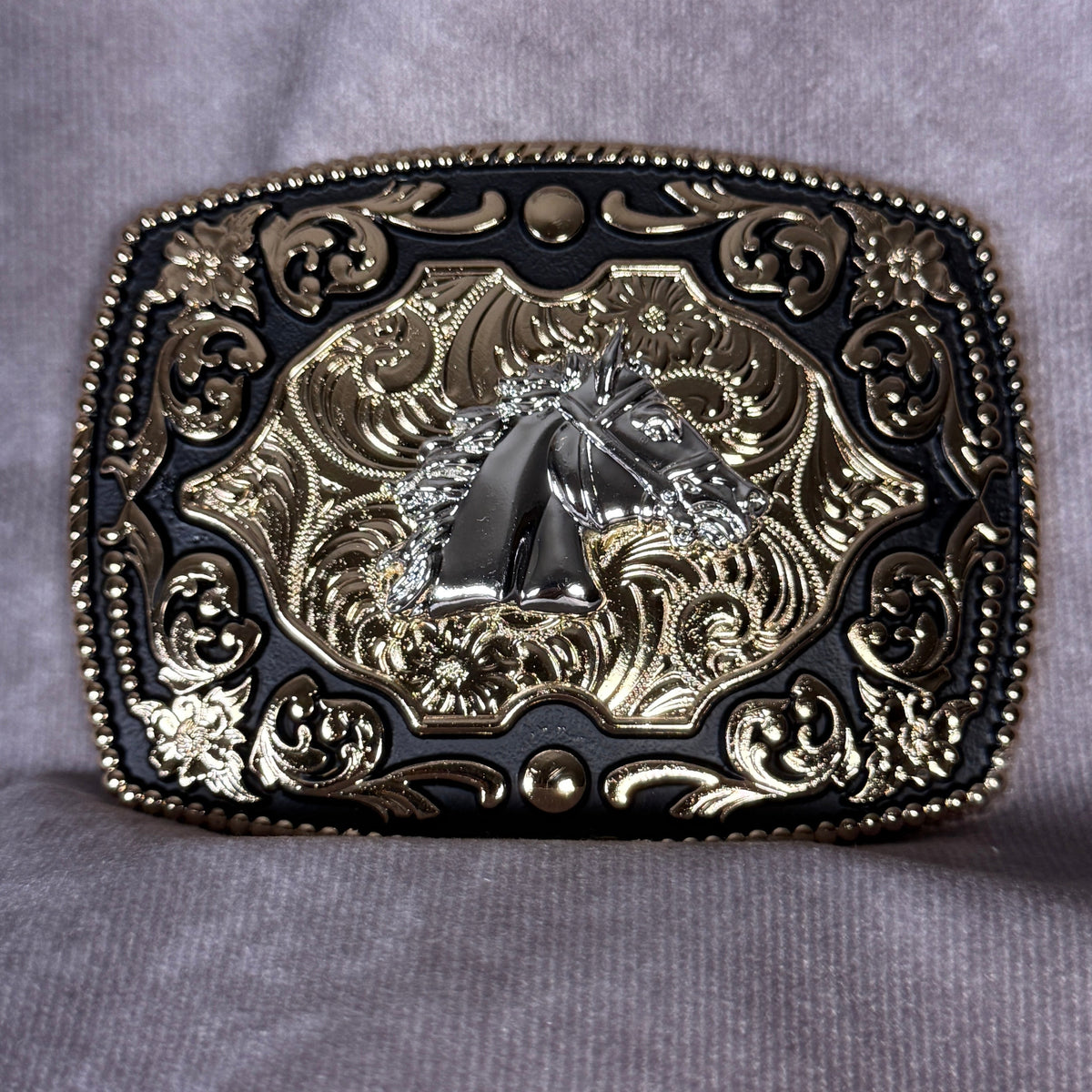 Horse Head Western Belt Buckle - Black Silver and Gold tone