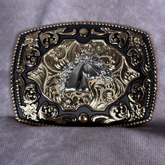 Horse Head Western Belt Buckle - Black Silver and Gold tone
