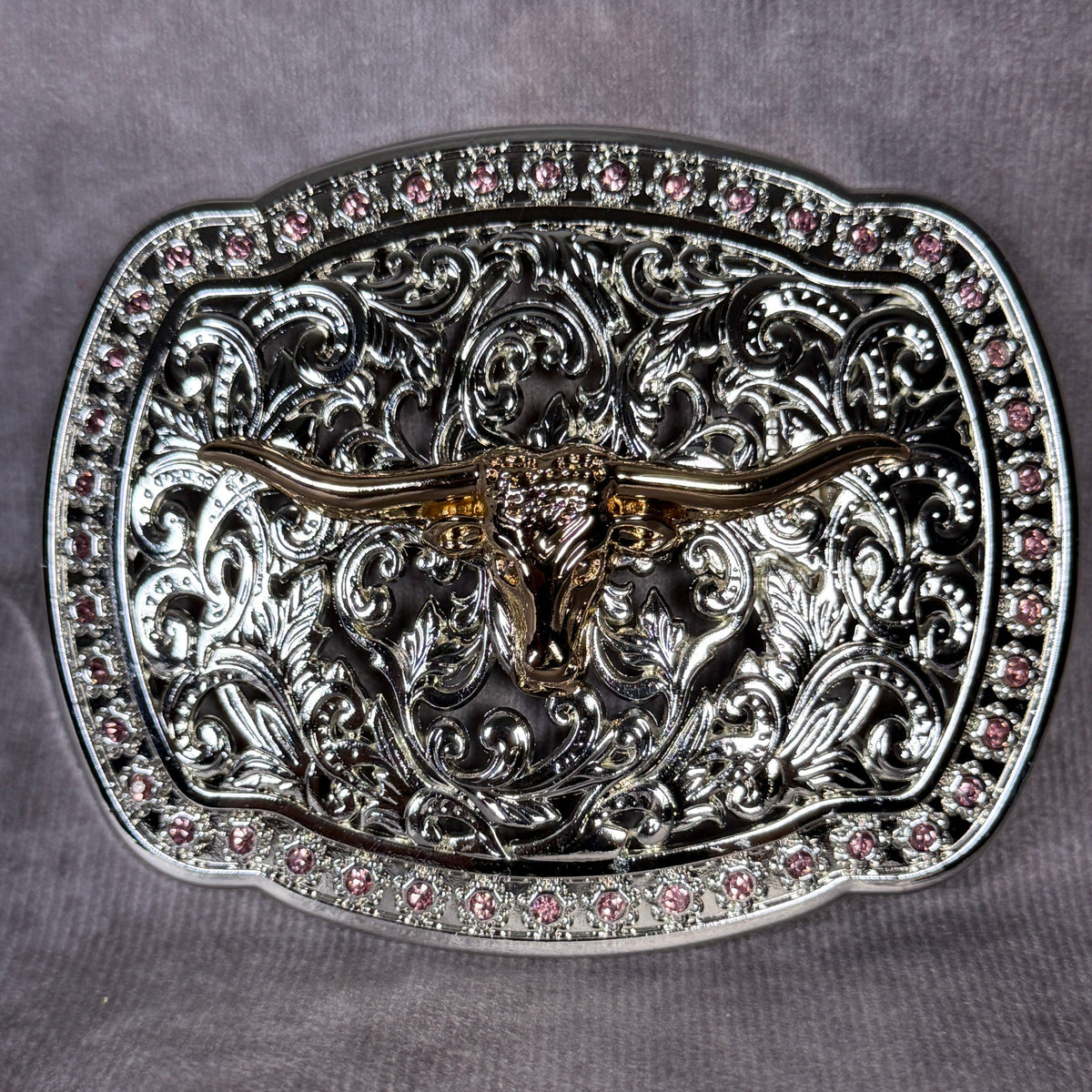 Long Horn Bull Buckle - Silver, Gold tones with Pink Rhinestones