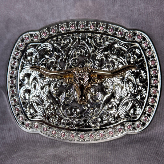 Long Horn Bull Buckle - Silver, Gold tones with Pink Rhinestones